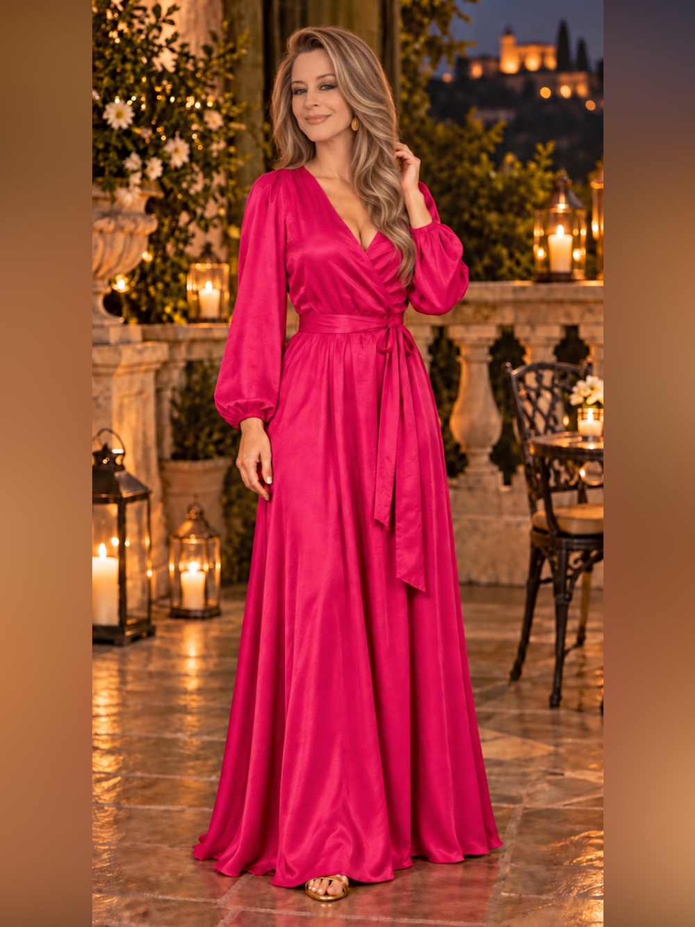 NWT Lulu’s Fuchsia Pink Satin Long-Sleeve Wrap Style Gown Dress Size Large